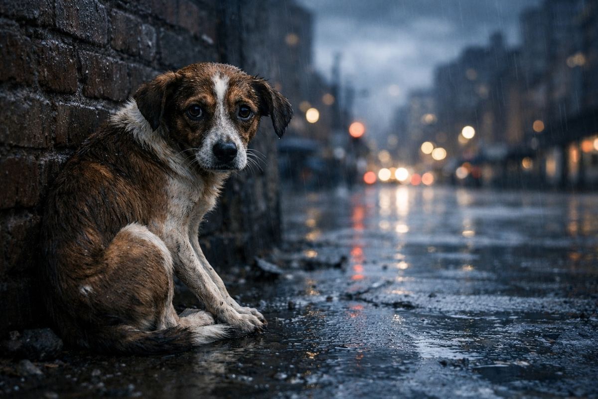 Abandoned dog alone on a rainy Boston street