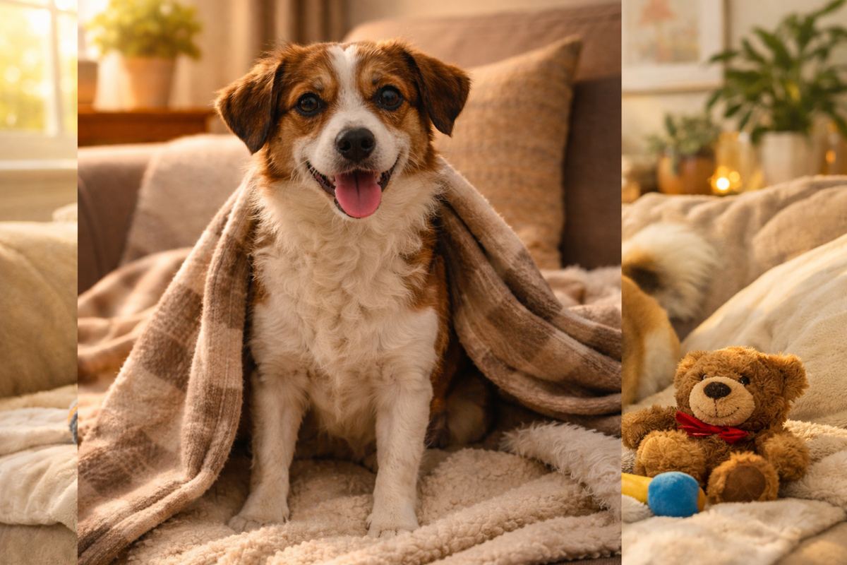 Happy rescued dog relaxing in his new home
